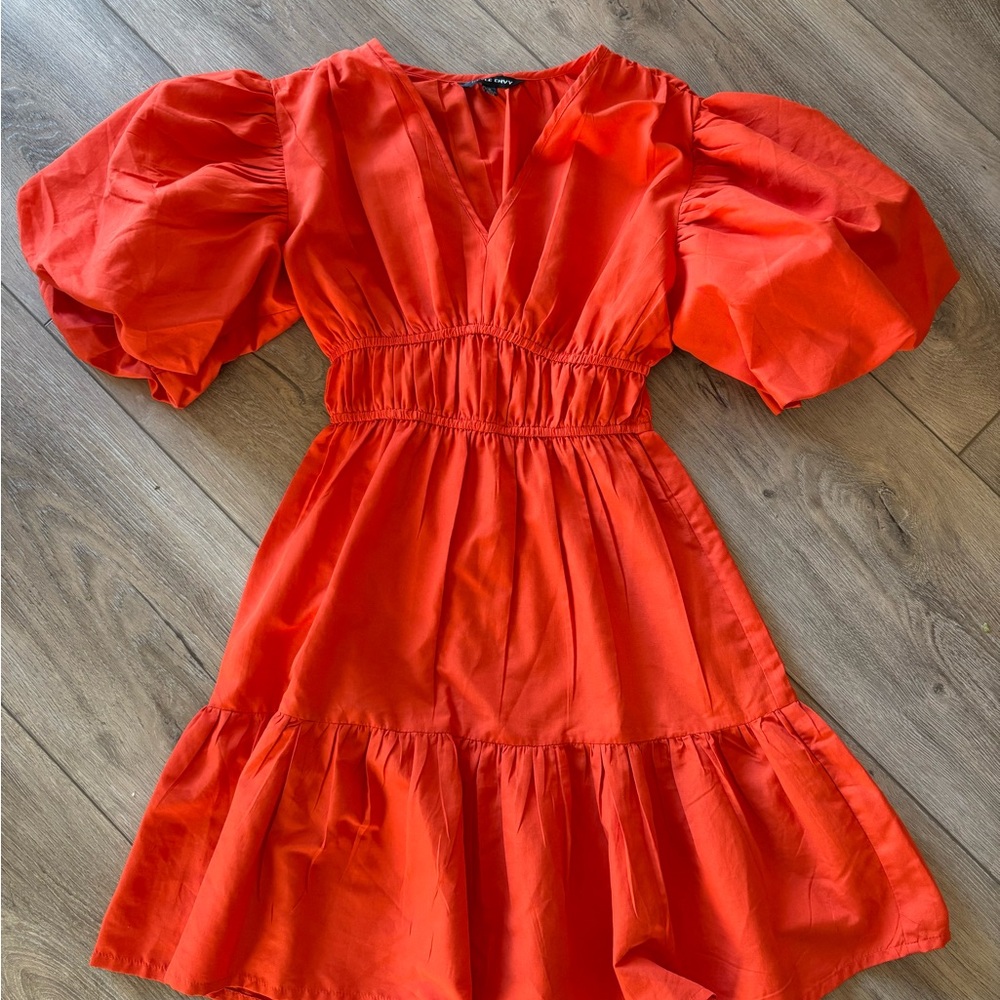 Vibrant Orange Puff Sleeve Dress
